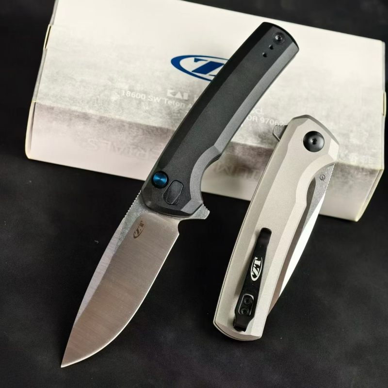 ZT 0044BLK Button Lock Flipper Knife 3.11" CPM-S45VN DLC Drop Point Blade, Titanium Handles