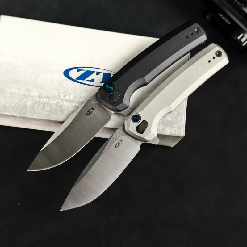 ZT 0044BLK Button Lock Flipper Knife 3.11" CPM-S45VN DLC Drop Point Blade, Titanium Handles