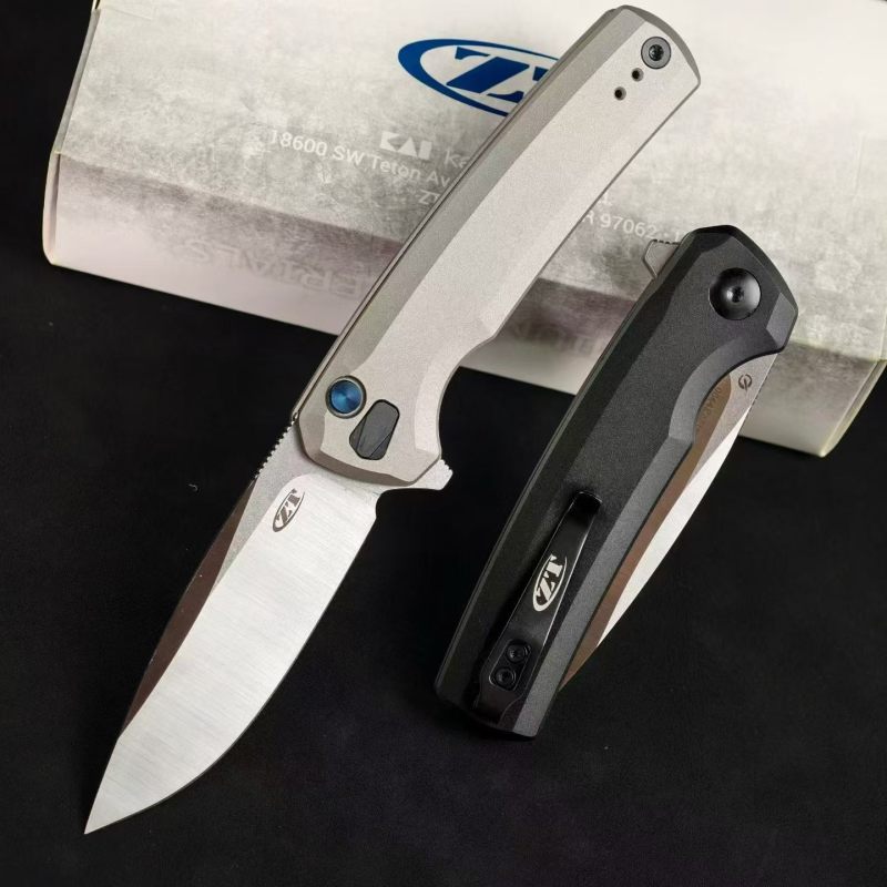 ZT 0044BLK Button Lock Flipper Knife 3.11" CPM-S45VN DLC Drop Point Blade, Titanium Handles