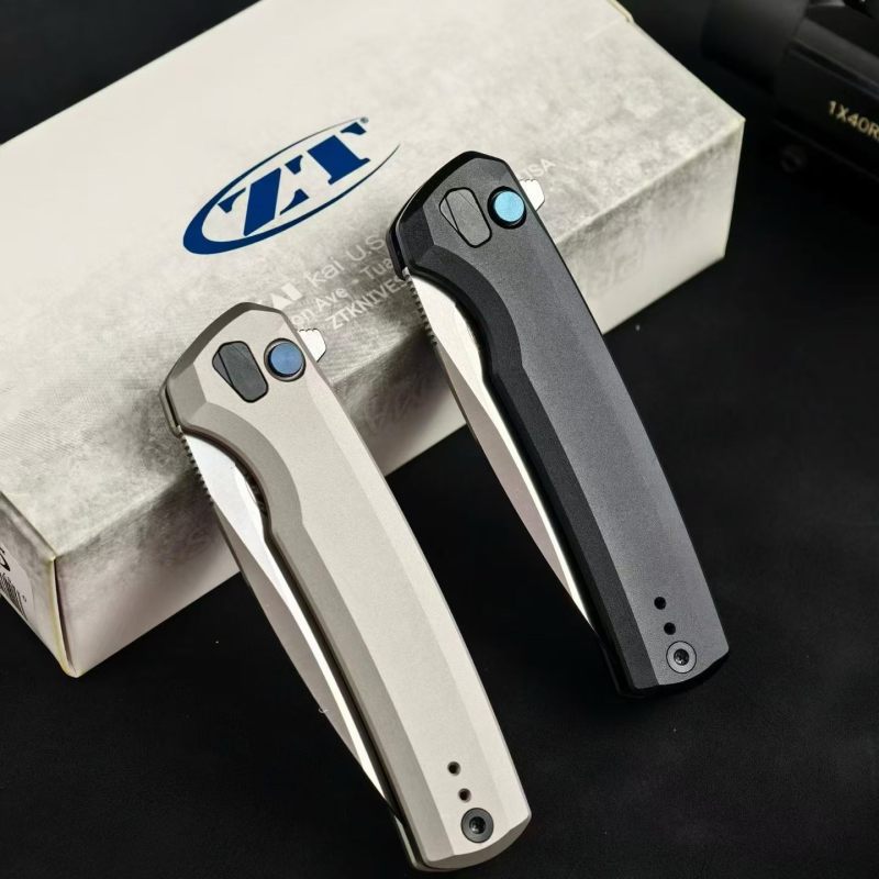 ZT 0044BLK Button Lock Flipper Knife 3.11" CPM-S45VN DLC Drop Point Blade, Titanium Handles