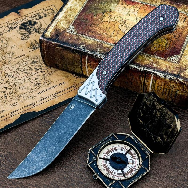 Russia Crawler Folding Blade Knife 4.57" D2 Blade, 420 Steel+ Carbon Fiber Handles