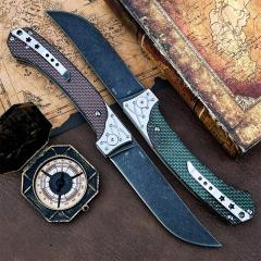 Russia Crawler Folding Blade Knife 4.57" D2 Blade, 420 Steel+ Carbon Fiber Handles