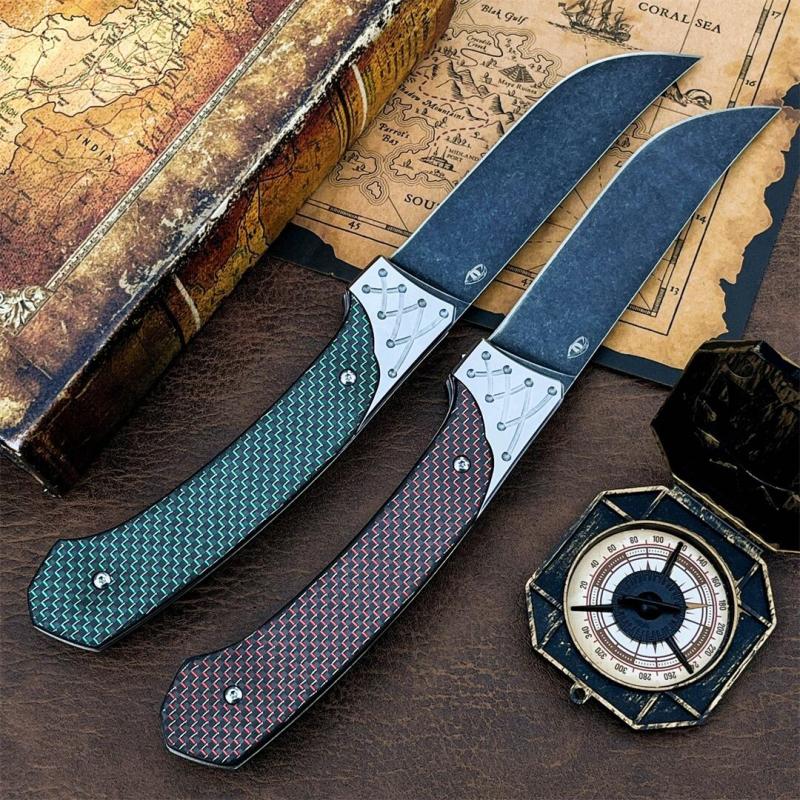 Russia Crawler Folding Blade Knife 4.57" D2 Blade, 420 Steel+ Carbon Fiber Handles
