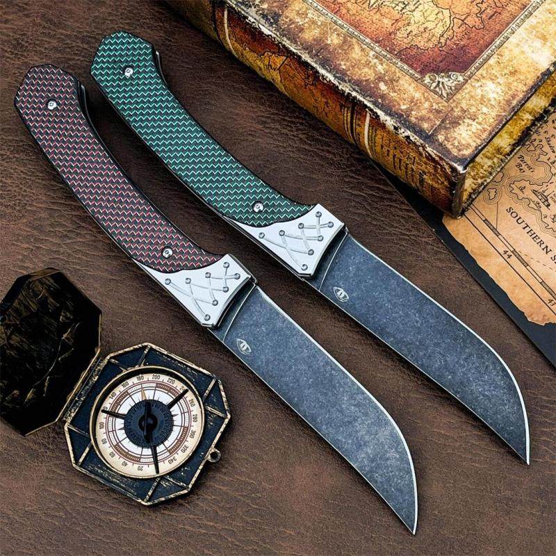Russia Crawler Folding Blade Knife 4.57" D2 Blade, 420 Steel+ Carbon Fiber Handles