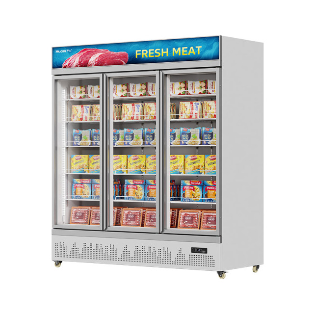 HR-77LDM Supermarket seafood meat upright three door display glass door freezer refrigerator