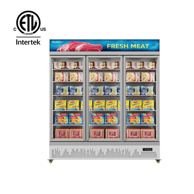 HR-77LDM Supermarket seafood meat upright three door display glass door freezer refrigerator