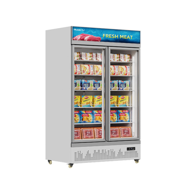 HR-54LDM Supermarket seafood meat upright double door display glass door freezer refrigerator