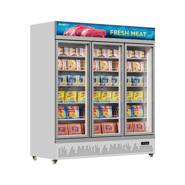 HR-77LDM Supermarket seafood meat upright three door display glass door freezer refrigerator