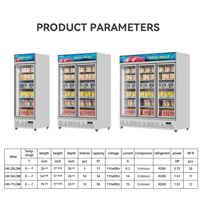 HR-54LDM Supermarket seafood meat upright double door display glass door freezer refrigerator