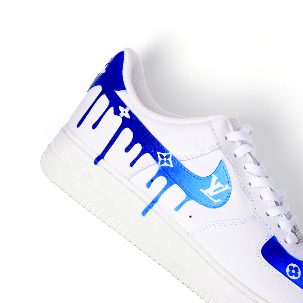 Custom Blue Gradient LV Air Force 1 Sneakers with Drip Swoosh – Hand-Painted Luxury Street Style