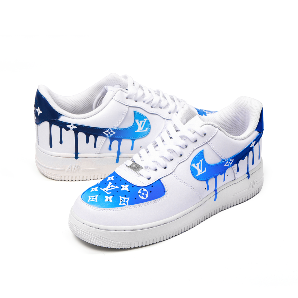 Custom Blue Gradient LV Air Force 1 Sneakers with Drip Swoosh – Hand-Painted Luxury Street Style