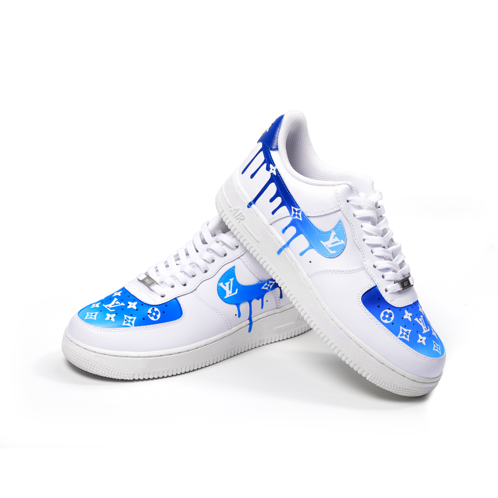 Custom Blue Gradient LV Air Force 1 Sneakers with Drip Swoosh – Hand-Painted Luxury Street Style