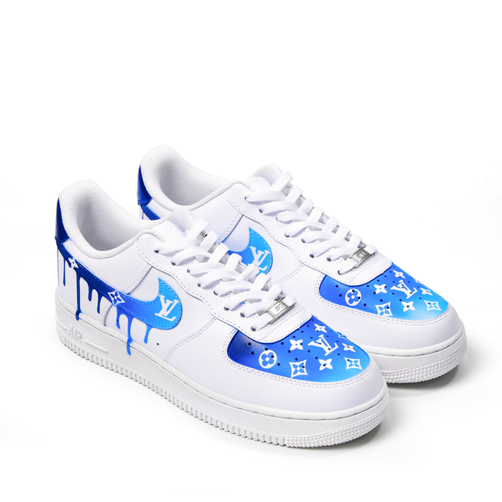 Custom Blue Gradient LV Air Force 1 Sneakers with Drip Swoosh – Hand-Painted Luxury Street Style