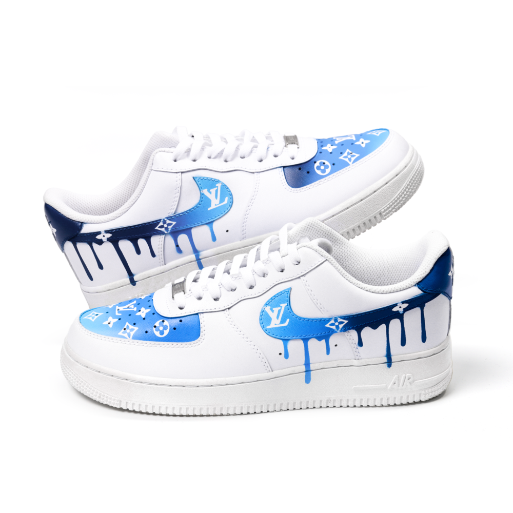 Custom Blue Gradient LV Air Force 1 Sneakers with Drip Swoosh – Hand-Painted Luxury Street Style