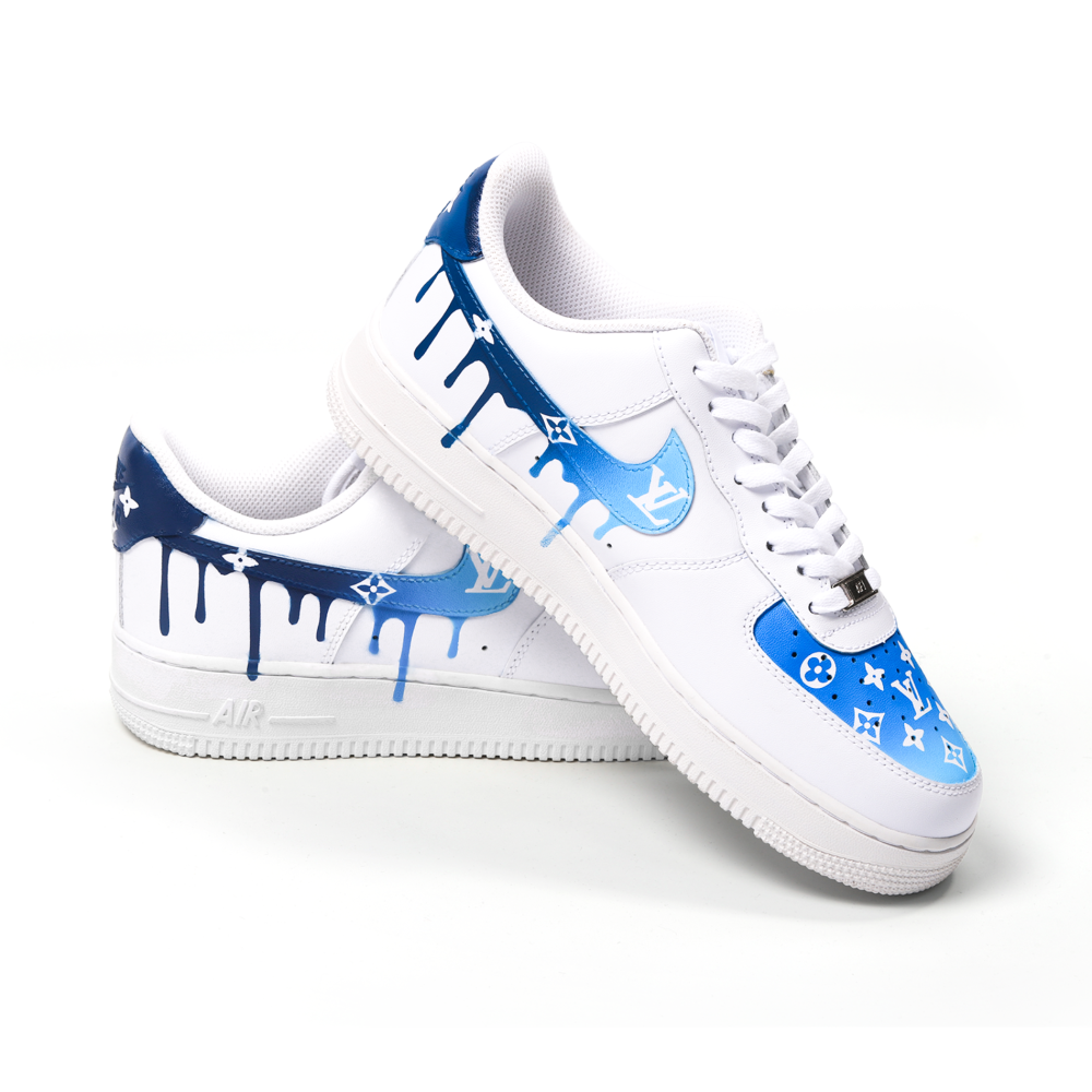 Custom Blue Gradient LV Air Force 1 Sneakers with Drip Swoosh – Hand-Painted Luxury Street Style