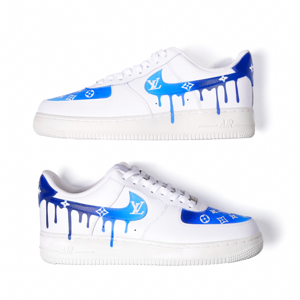 Custom Blue Gradient LV Air Force 1 Sneakers with Drip Swoosh – Hand-Painted Luxury Street Style