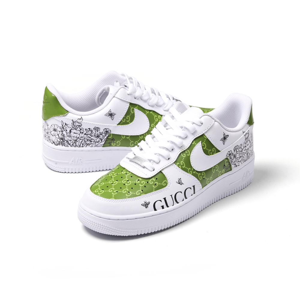 Hand-Painted Green “GUCCI” Custom Air Force 1 – Luxury Floral Streetwear Art Sneaker for Trendsetters