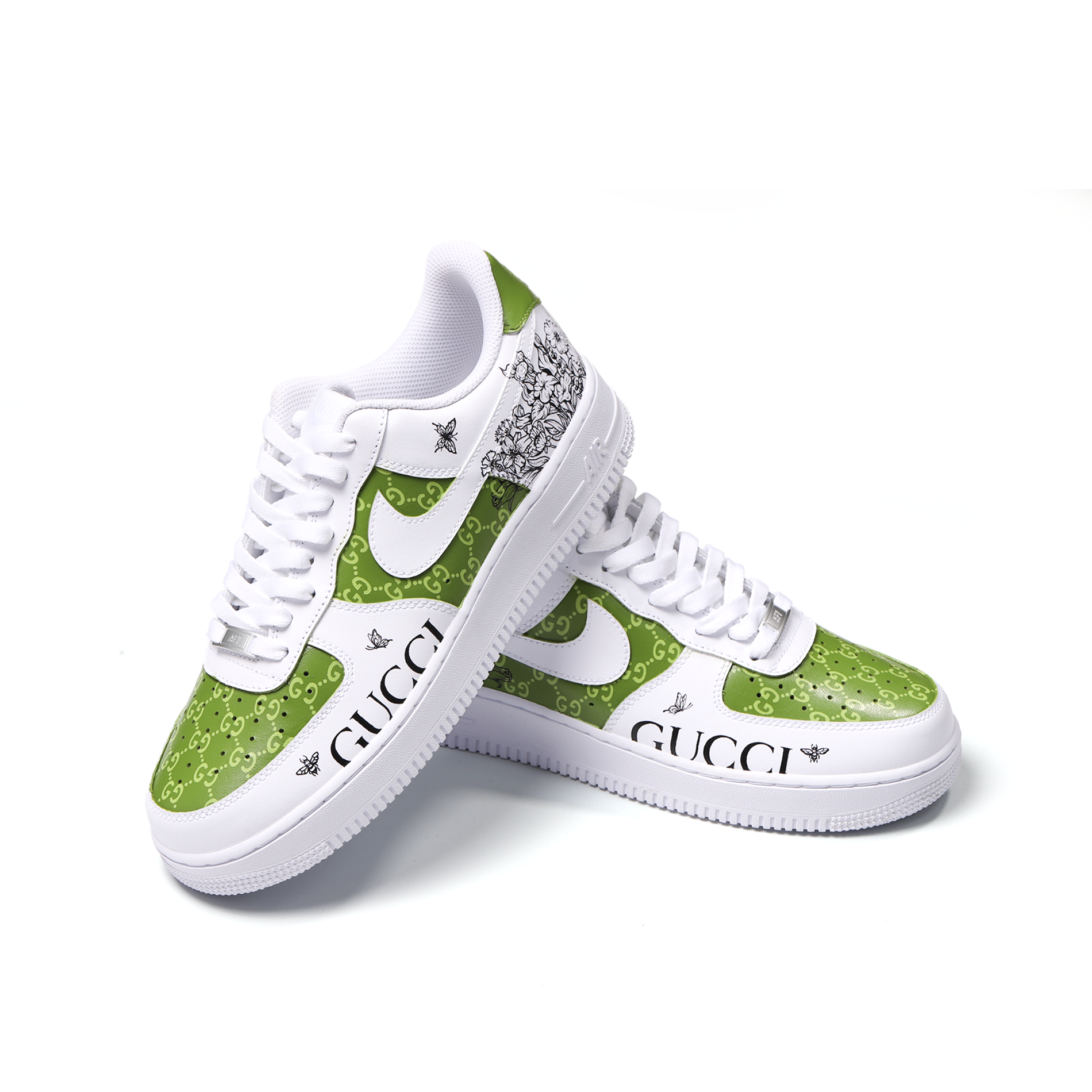 Hand-Painted Green “GUCCI” Custom Air Force 1 – Luxury Floral Streetwear Art Sneaker for Trendsetters