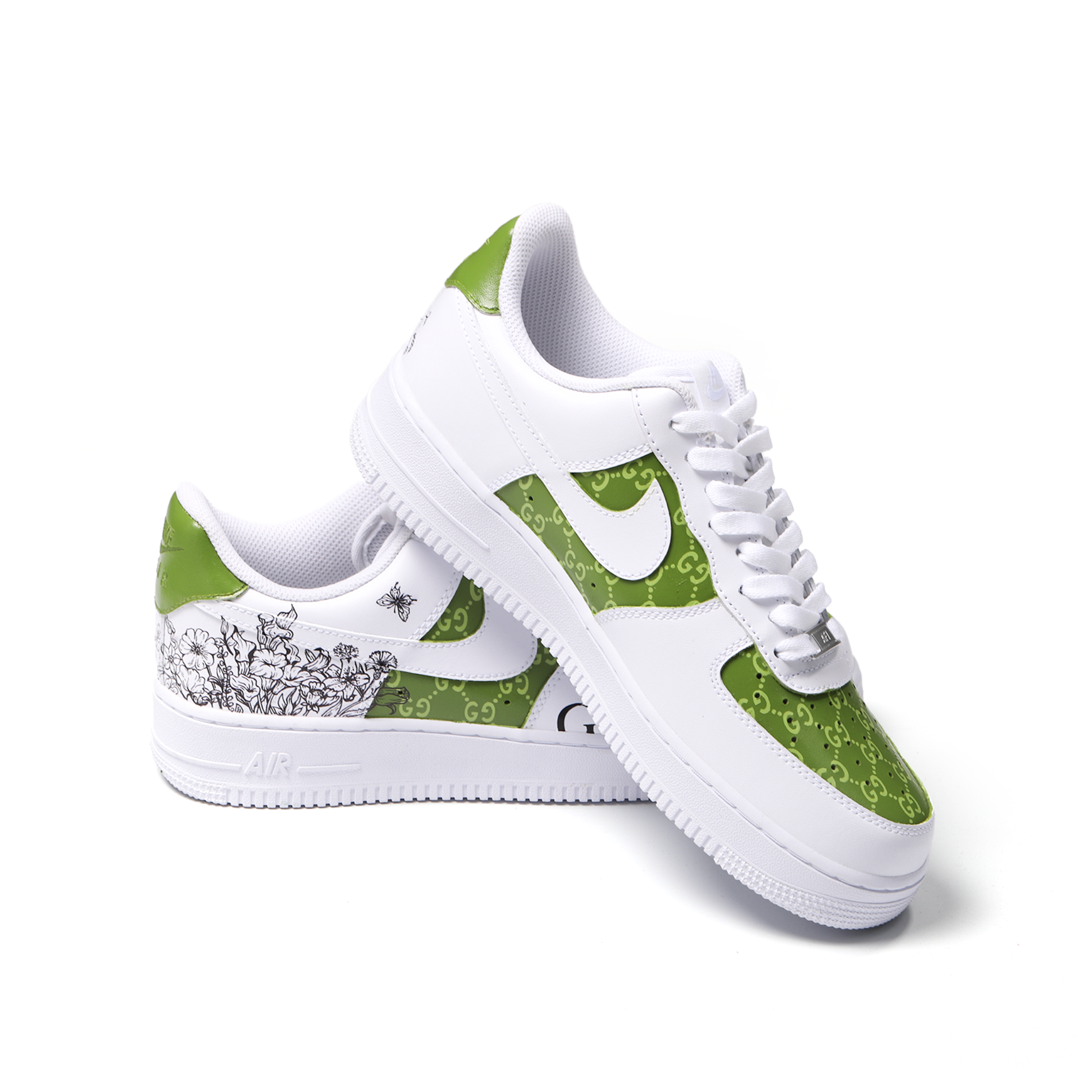 Hand-Painted Green “GUCCI” Custom Air Force 1 – Luxury Floral Streetwear Art Sneaker for Trendsetters
