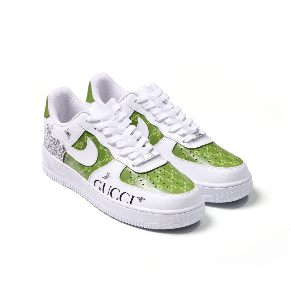 Hand-Painted Green “GUCCI” Custom Air Force 1 – Luxury Floral Streetwear Art Sneaker for Trendsetters