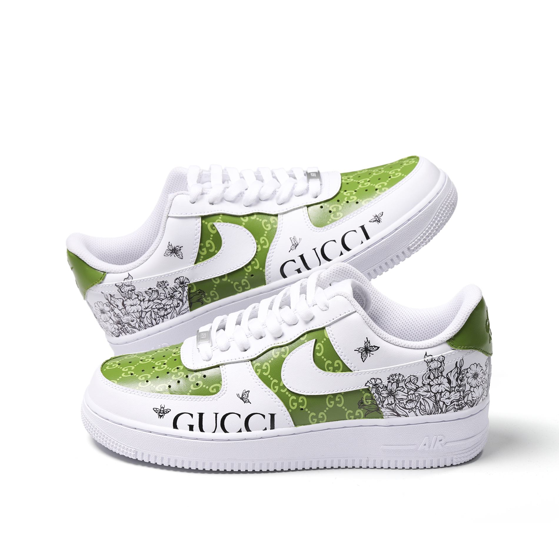 Hand-Painted Green “GUCCI” Custom Air Force 1 – Luxury Floral Streetwear Art Sneaker for Trendsetters