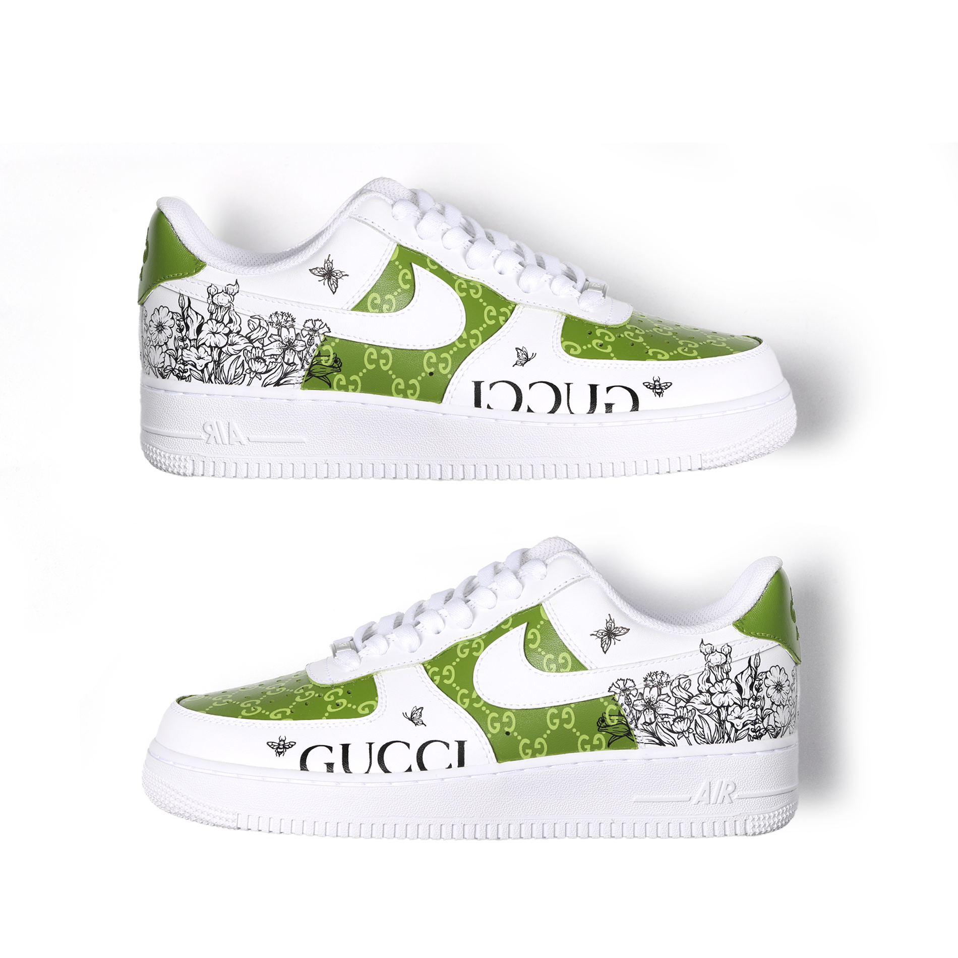Hand-Painted Green “GUCCI” Custom Air Force 1 – Luxury Floral Streetwear Art Sneaker for Trendsetters