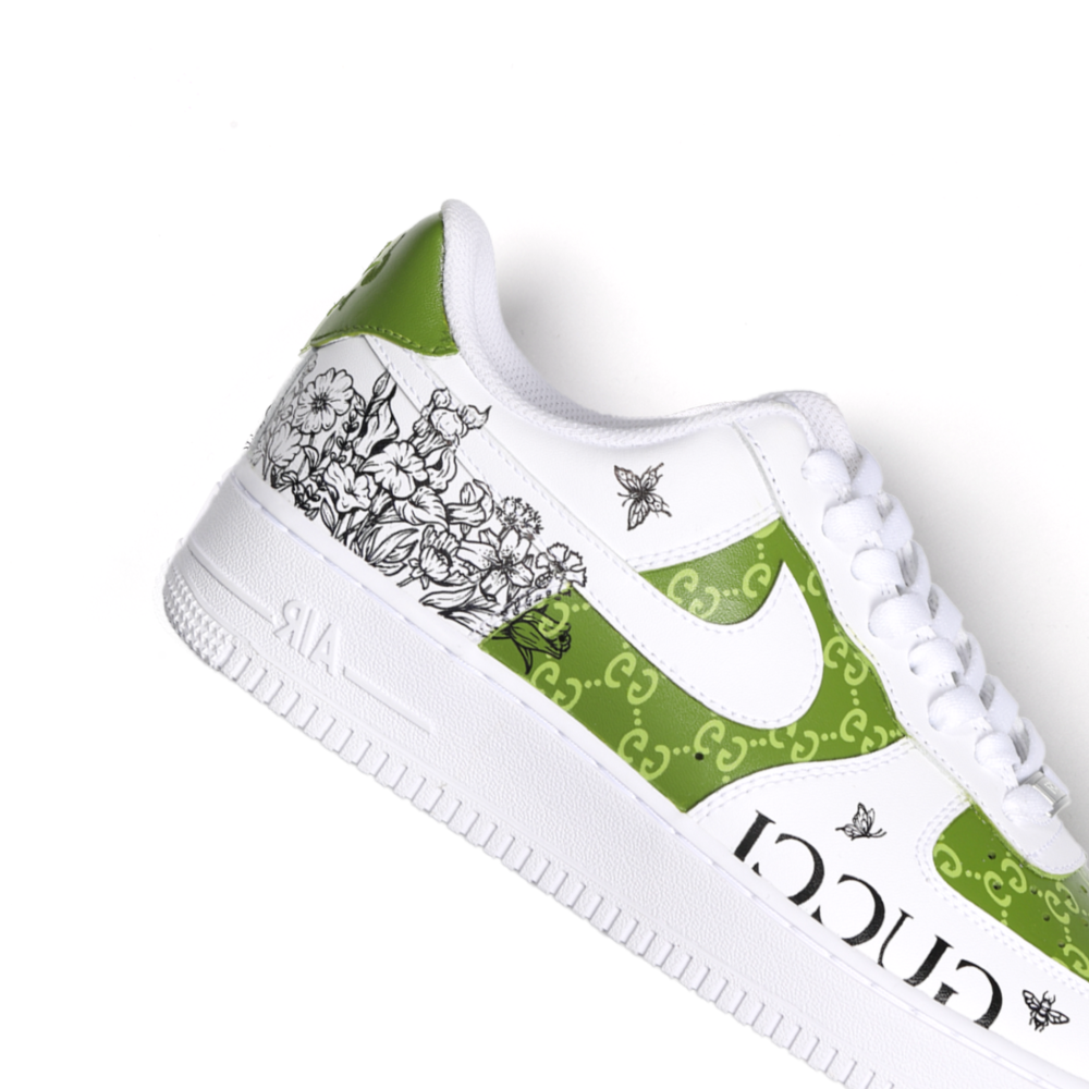 Hand-Painted Green “GUCCI” Custom Air Force 1 – Luxury Floral Streetwear Art Sneaker for Trendsetters