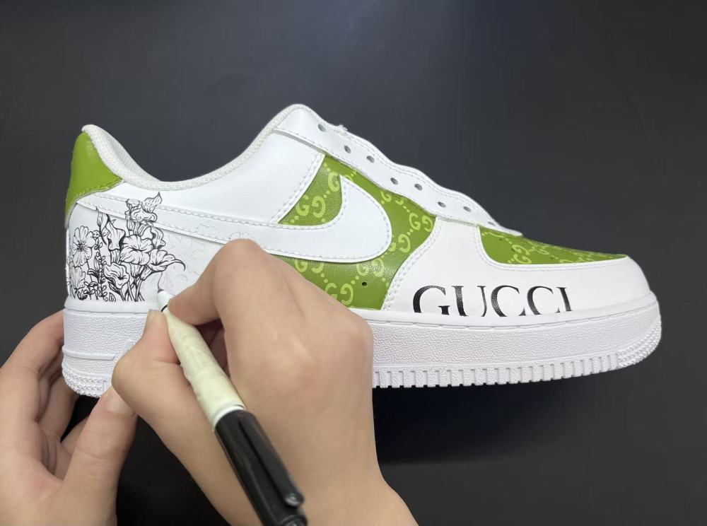 Hand-Painted Green “GUCCI” Custom Air Force 1 – Luxury Floral Streetwear Art Sneaker for Trendsetters
