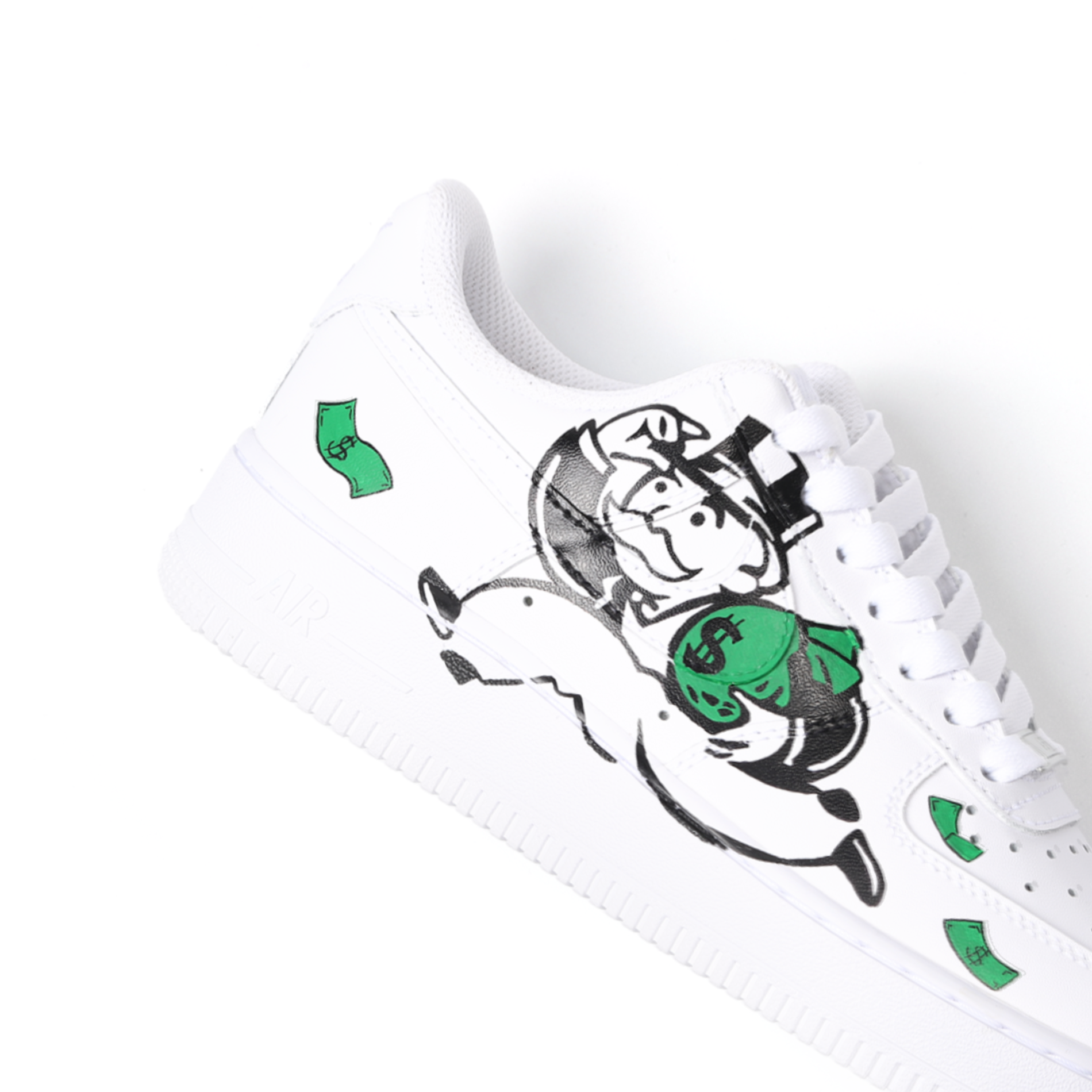 Hand-Painted Custom Cartoon Art Air Force 1 | Cash-Inspired Green Details