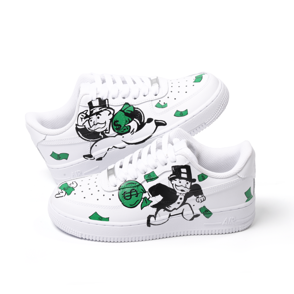 Hand-Painted Custom Cartoon Art Air Force 1 | Cash-Inspired Green Details