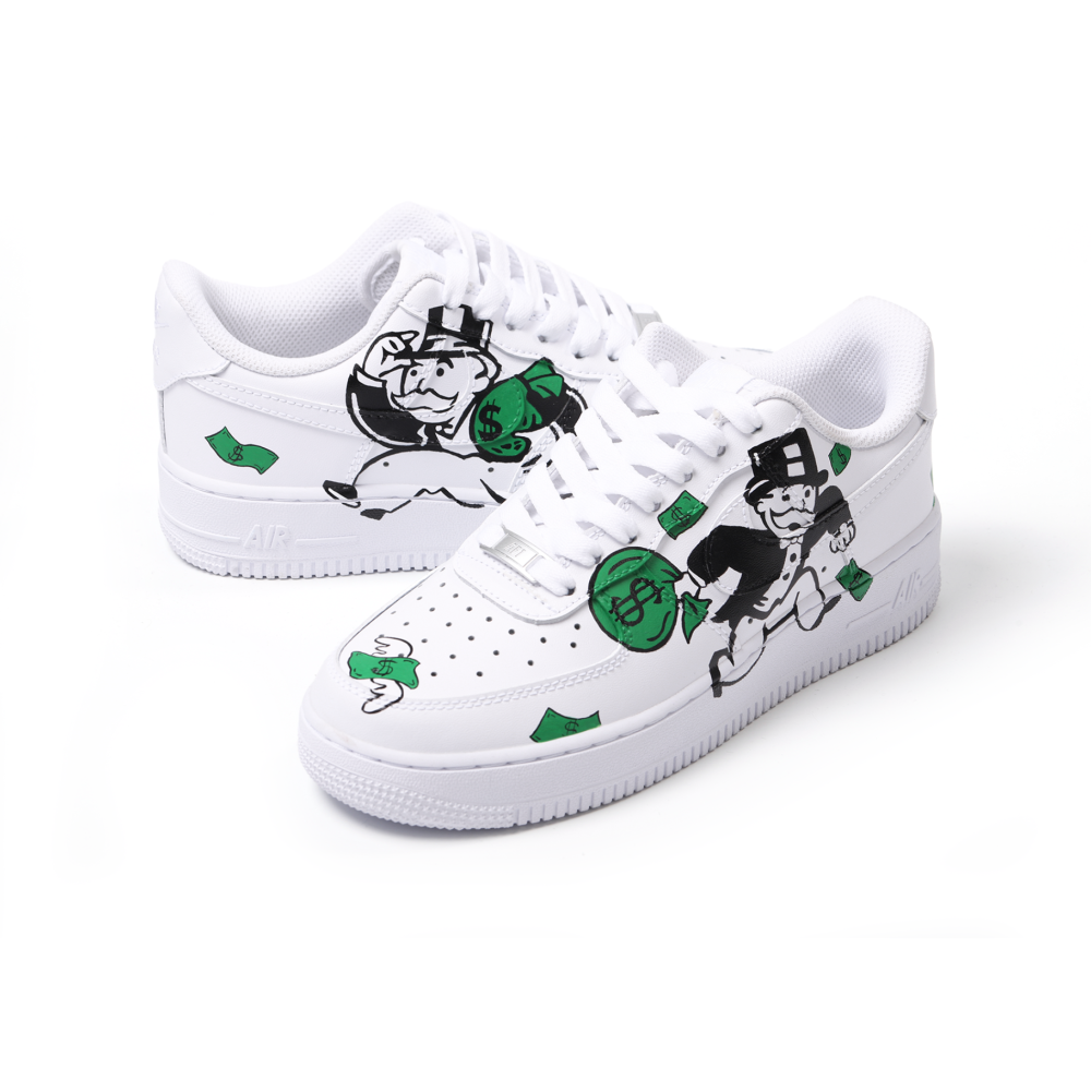 Hand-Painted Custom Cartoon Art Air Force 1 | Cash-Inspired Green Details