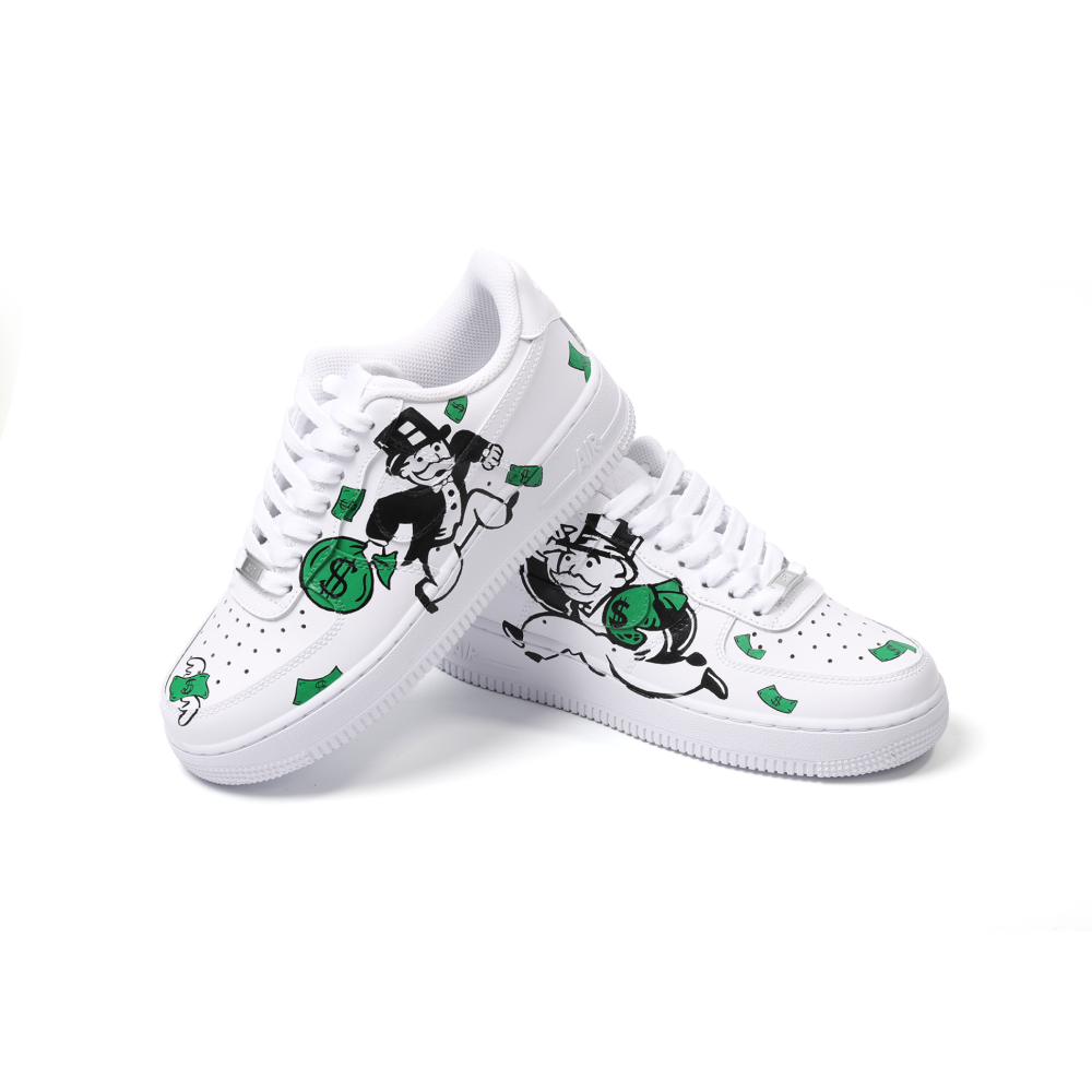 Hand-Painted Custom Cartoon Art Air Force 1 | Cash-Inspired Green Details