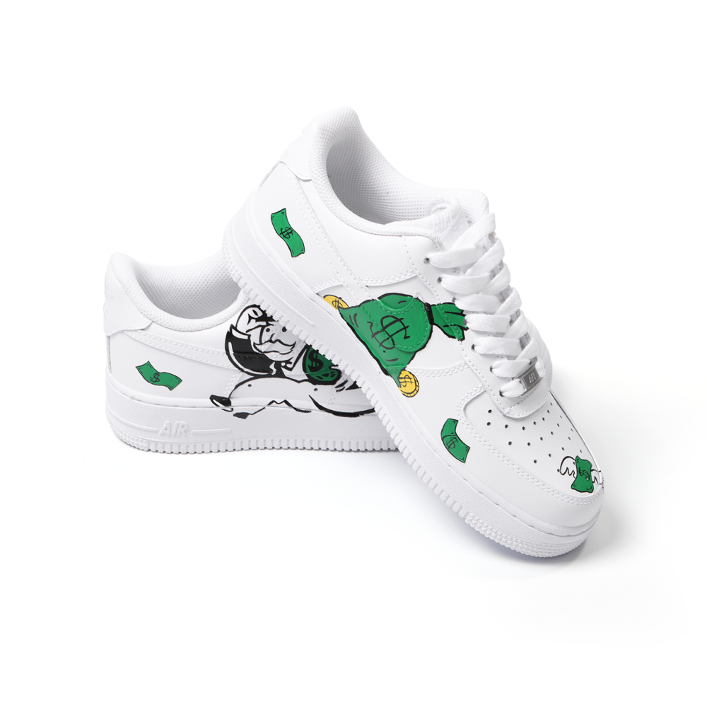 Hand-Painted Custom Cartoon Art Air Force 1 | Cash-Inspired Green Details