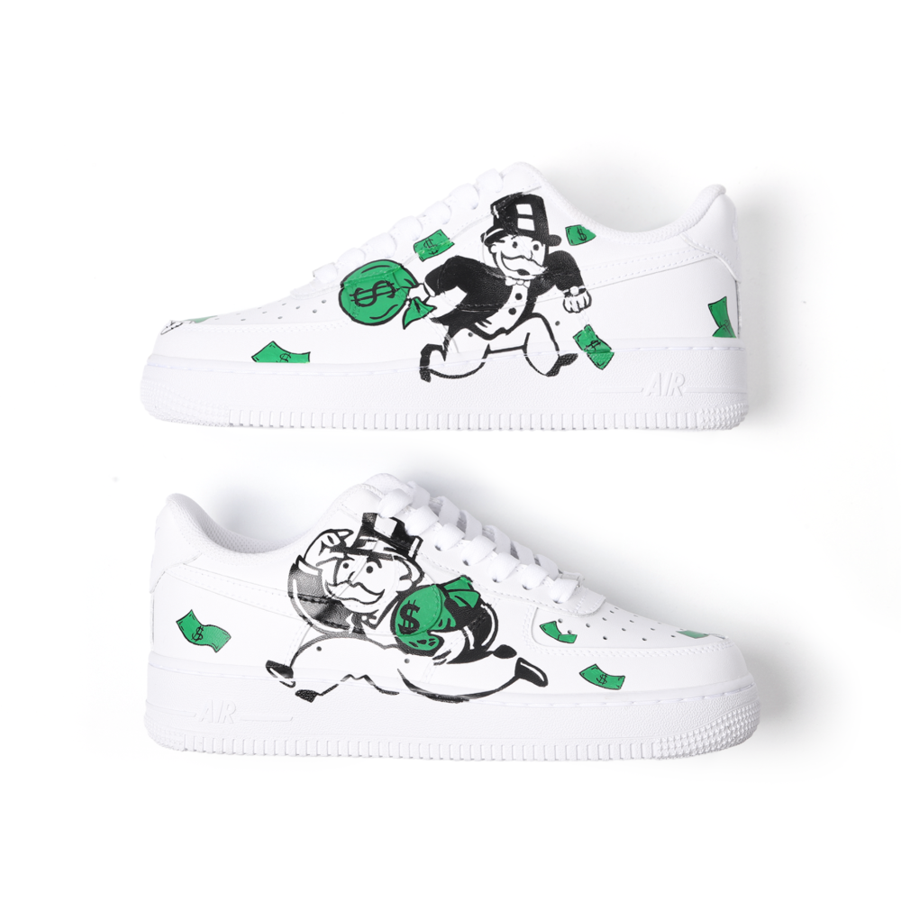 Hand-Painted Custom Cartoon Art Air Force 1 | Cash-Inspired Green Details