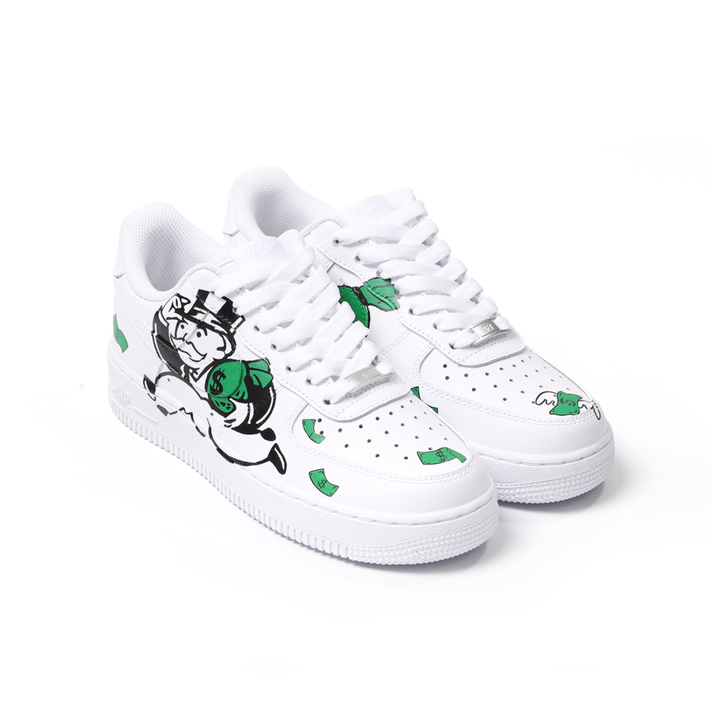Hand-Painted Custom Cartoon Art Air Force 1 | Cash-Inspired Green Details