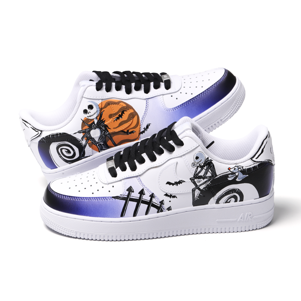 Hand-Painted Halloween Cartoon Skeleton Air Forcce 1 | Custom Purple Gradient Art