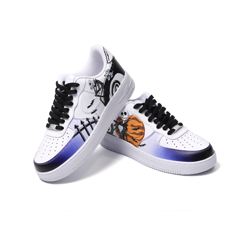 Hand-Painted Halloween Cartoon Skeleton Air Forcce 1 | Custom Purple Gradient Art