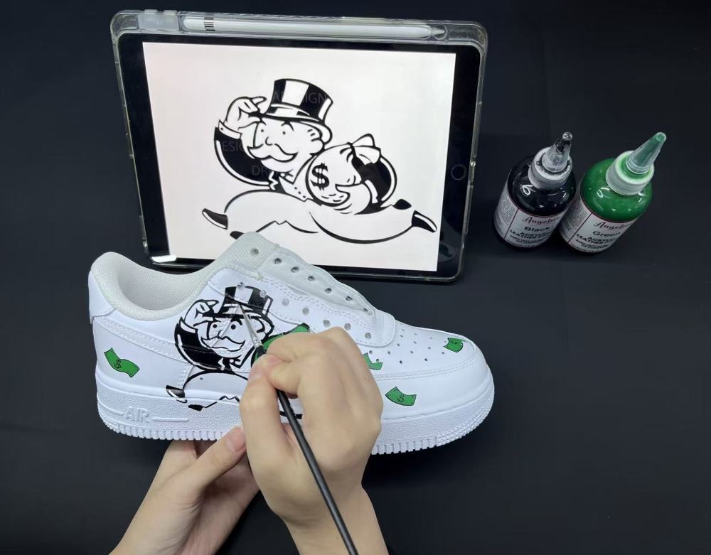 Hand-Painted Custom Cartoon Art Air Force 1 | Cash-Inspired Green Details