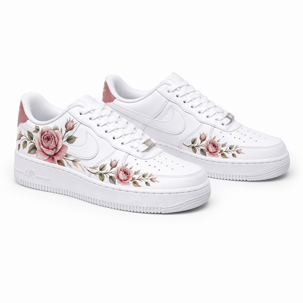 Custom Hand-Painted Floral Rose Sneakers – Personalized White Low-Top Shoes