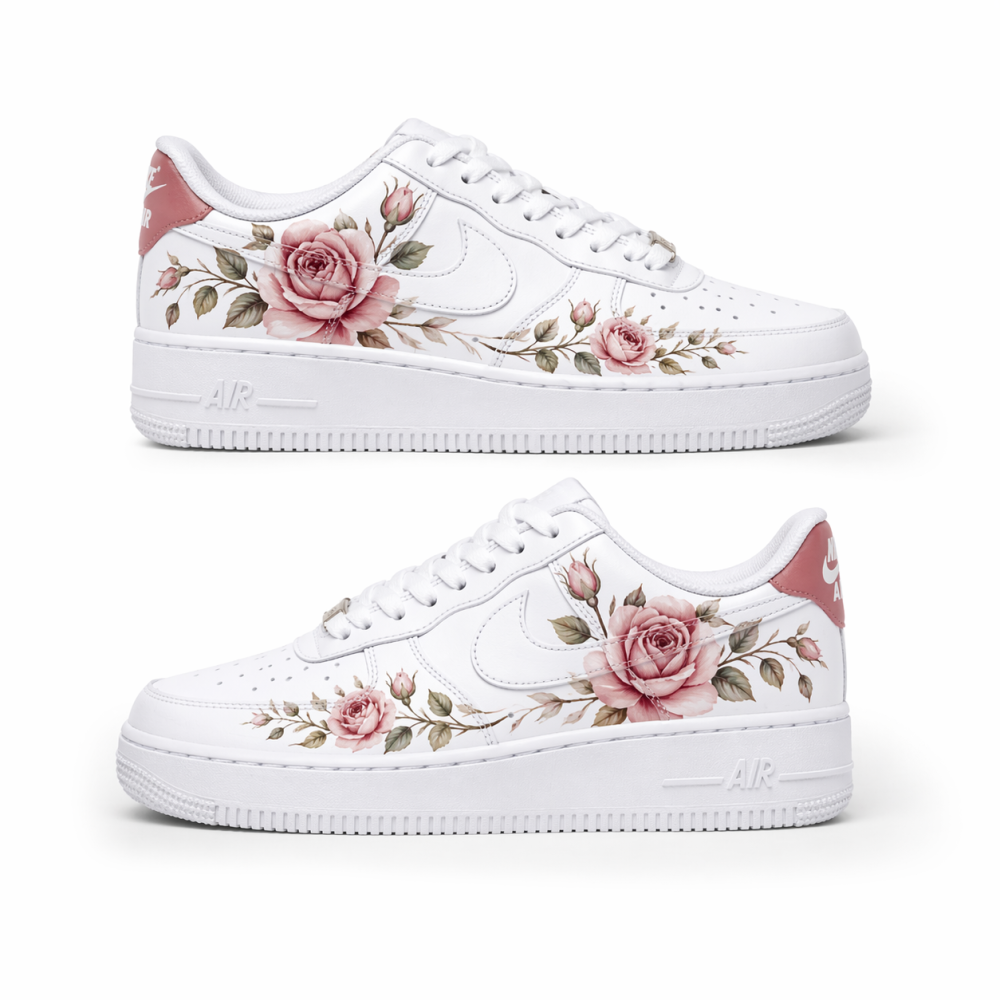 Custom Hand-Painted Floral Rose Sneakers – Personalized White Low-Top Shoes