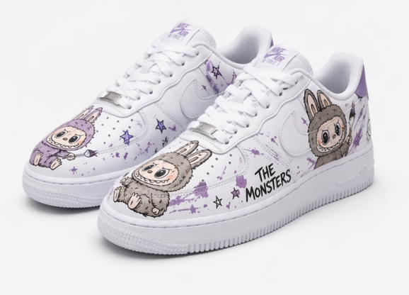 Custom Hand-Painted Purple Labubu Air Force 1 Low Sneakers – Personalized Anime Cartoon Streetwear Shoes