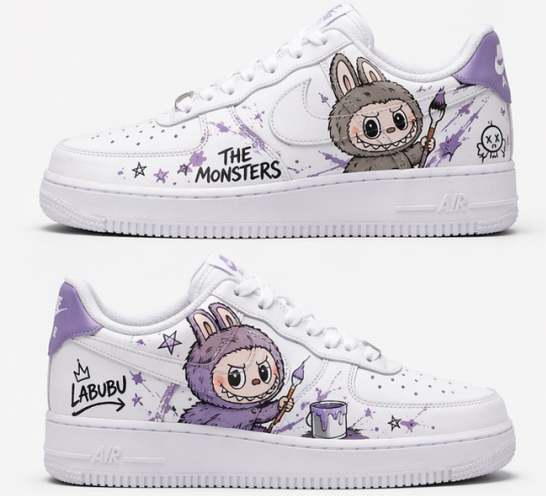 Custom Hand-Painted Purple Labubu Air Force 1 Low Sneakers – Personalized Anime Cartoon Streetwear Shoes