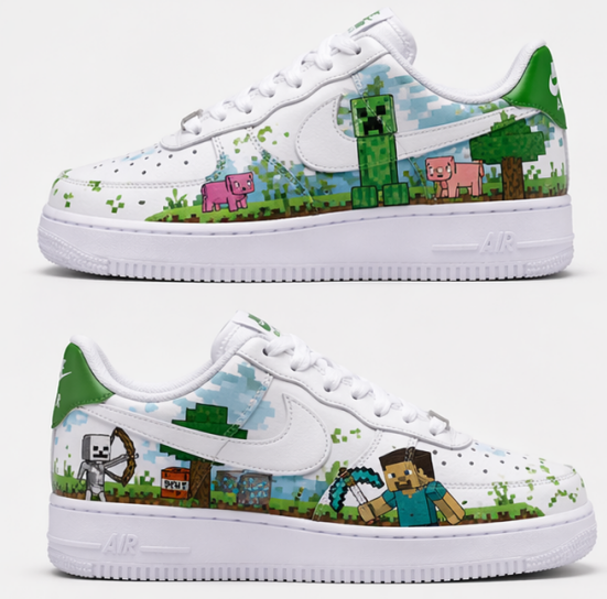 Minecraft Inspired Custom Hand-Painted Air Force 1 Sneakers – Pixel Art Gaming Shoes