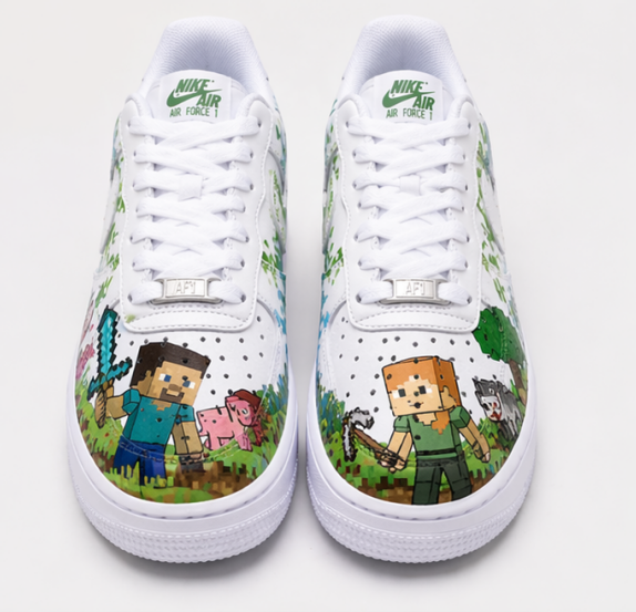 Minecraft Inspired Custom Hand-Painted Air Force 1 Sneakers – Pixel Art Gaming Shoes