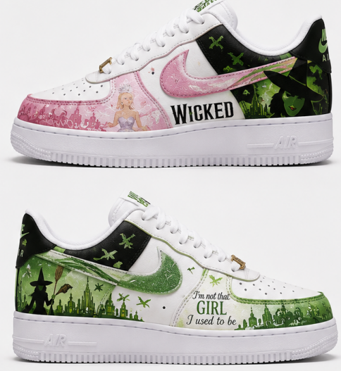 Custom Wicked Inspired Hand-Painted Air Force 1 Sneakers – Pink & Green Musical Fantasy Shoes