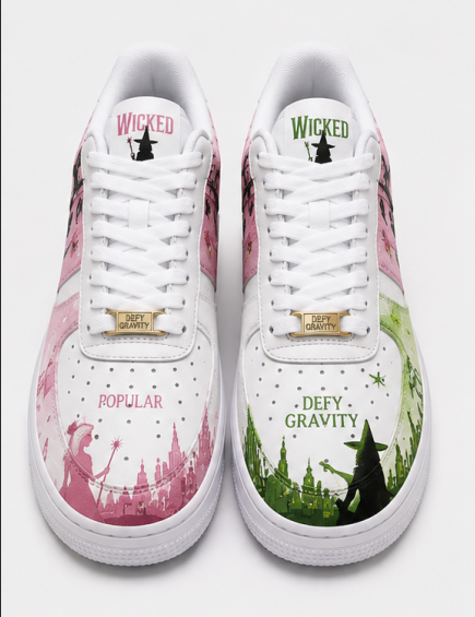 Custom Wicked Inspired Hand-Painted Air Force 1 Sneakers – Pink & Green Musical Fantasy Shoes