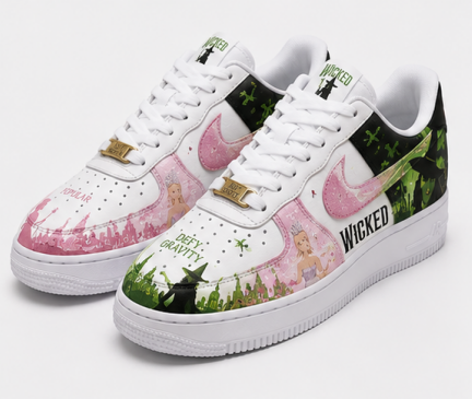 Custom Wicked Inspired Hand-Painted Air Force 1 Sneakers – Pink & Green Musical Fantasy Shoes