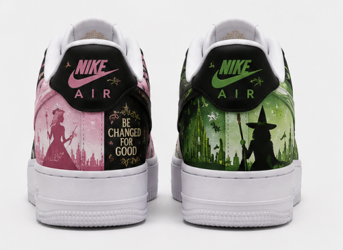 Custom Wicked Inspired Hand-Painted Air Force 1 Sneakers – Pink & Green Musical Fantasy Shoes