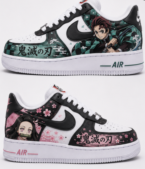 Custom Demon Slayer Hand-Painted Air Force 1 Sneakers – Tanjiro & Nezuko Anime Couple Shoes | Kimetsu no Yaiba Streetwear Art