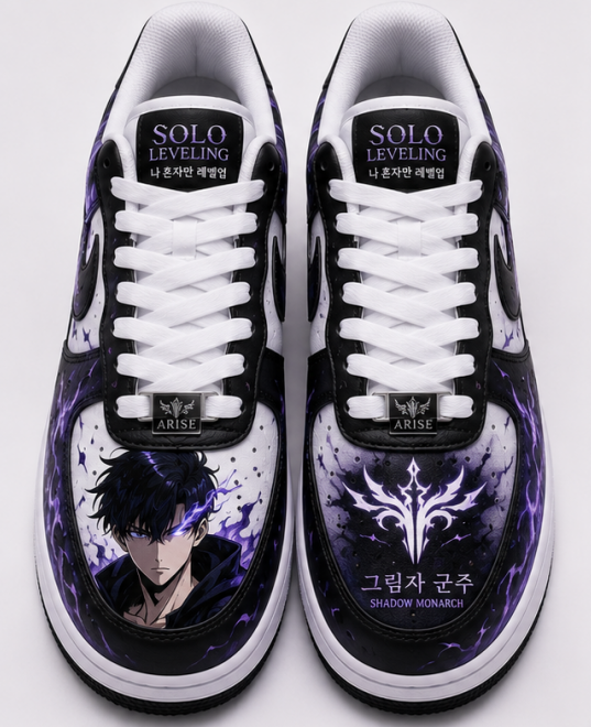 Custom Solo Leveling Purple Shadow Monarch Hand-Painted Air Force 1 – Sung Jinwoo Anime Sneakers with Violet Aura Design
